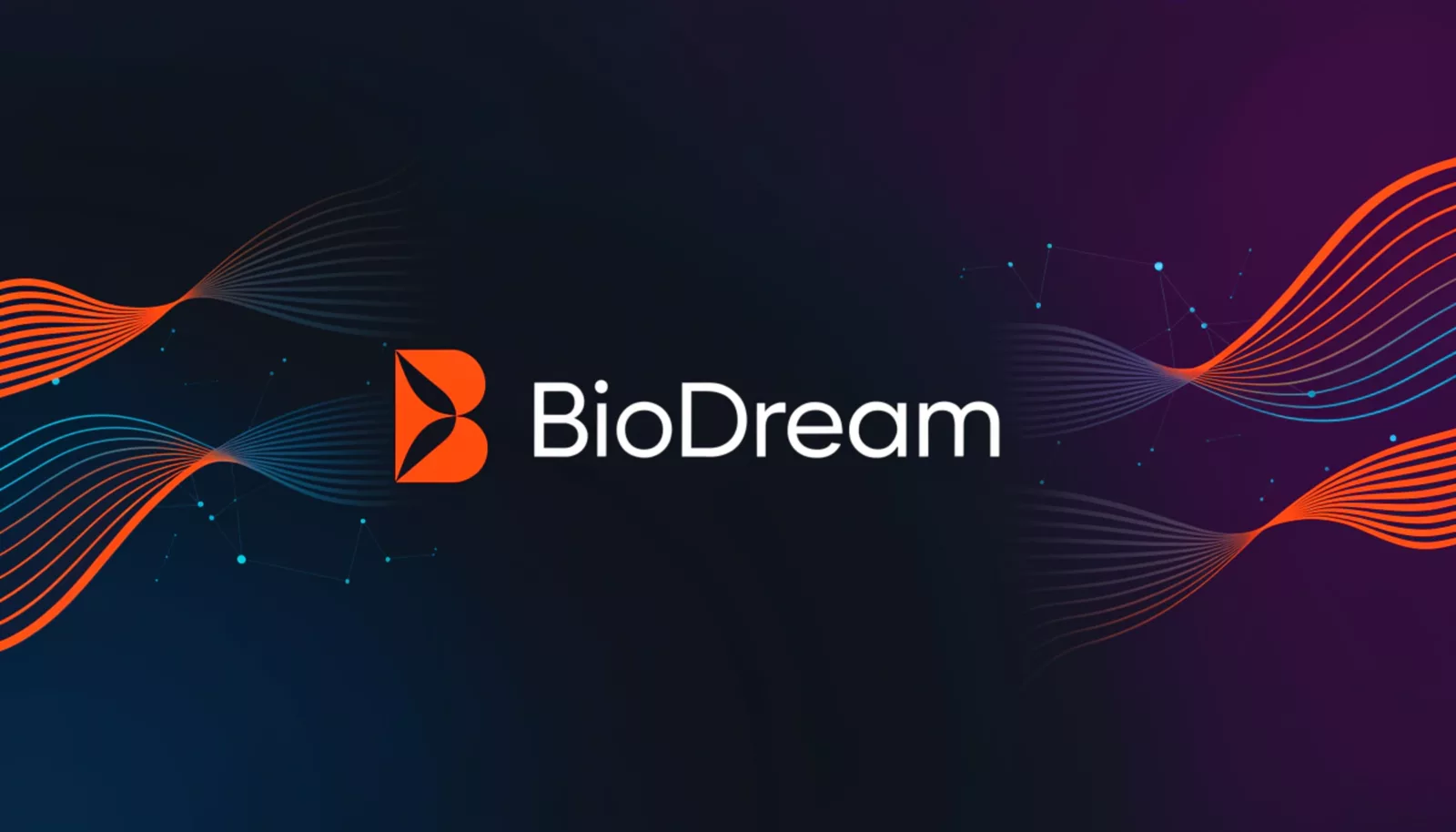 The BioDream logo between flowing orange and blue lines